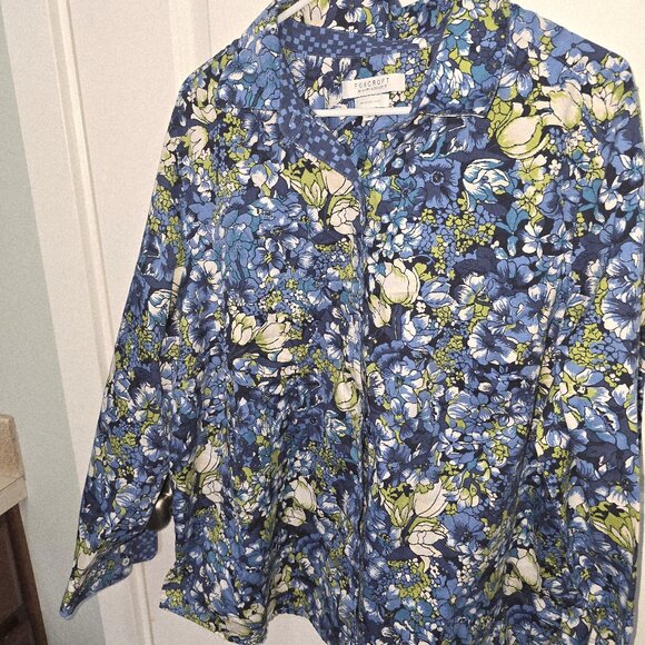 Foxcroft for Appleseeds Blouse Blue Green White Button Up Size 20W Floral - Picture 1 of 5